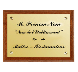 Plaque Maitre Restaurateur<br>Laiton 30x20 + support bois5
